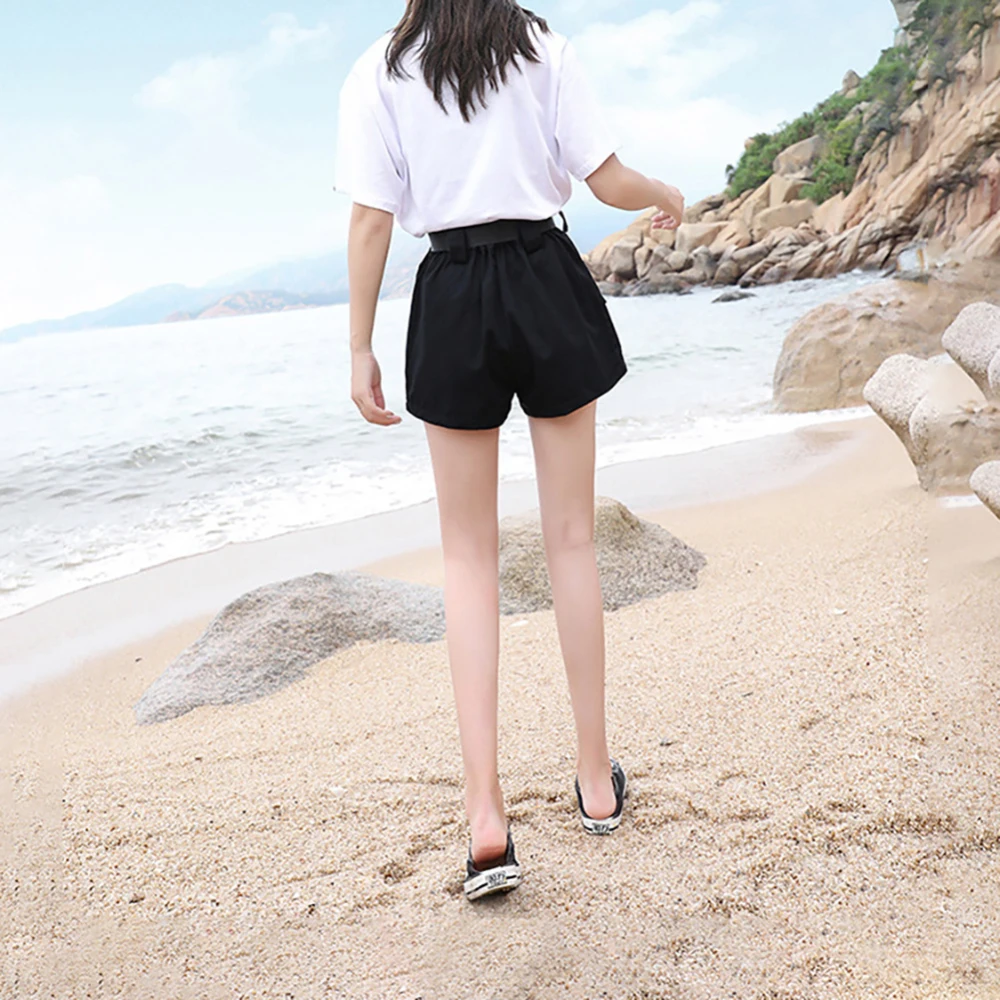 Женская высокая талия широкие брюки карго шорты черный пояс карман Женские шорты 2019 летние винтажные женские шорты на молнии