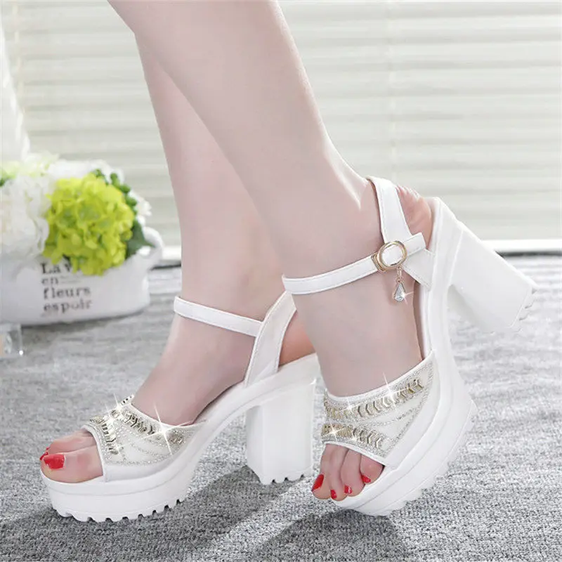 

35-40 size Summer women shoes 7.5cm high heel Open Toe women sandals fashion bling sandals square heel sandals peep-toe shoe