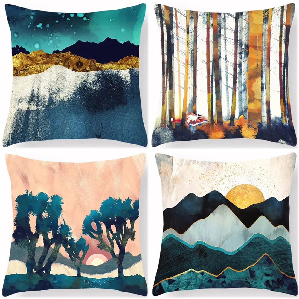 

Watercolor Art Forest Fox Cushion Cover Mountain Sun Moon 45X45cm Soft Pillow Case Sofa Chair Decoration