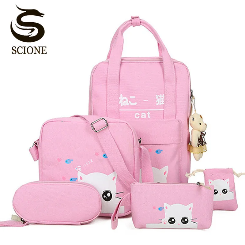 

Scione Cartoon Kawaii Cat Printing Backpack Set Canvas Middle/High School Bag Laptop Travel Backpack Bagpack with Cute Gift Bear