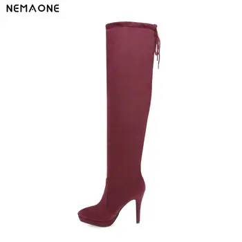 

NEMAONE 2019 thin high heels over the Knee high Boots Winter poined Toe platform Women Boots Lady Fashion Boots Big Size 34-43