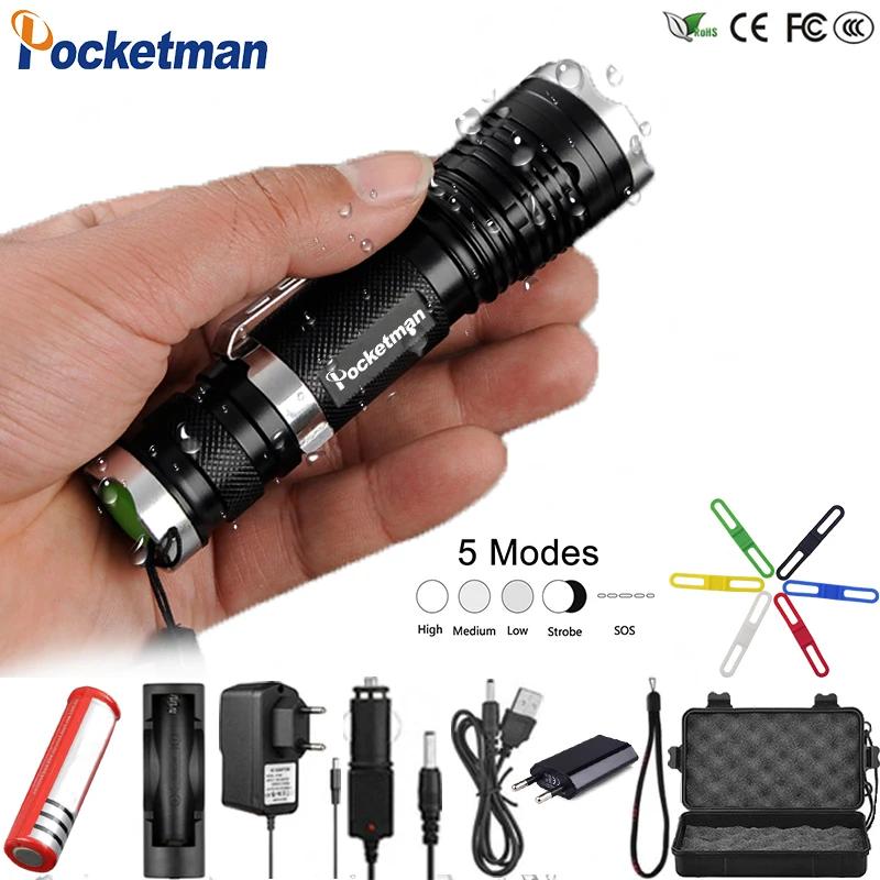  Powerfull XML-T6 Powerful LED Flashlight Waterproof 5 Modes Zoomable Flash light Belt Clip LED Totc