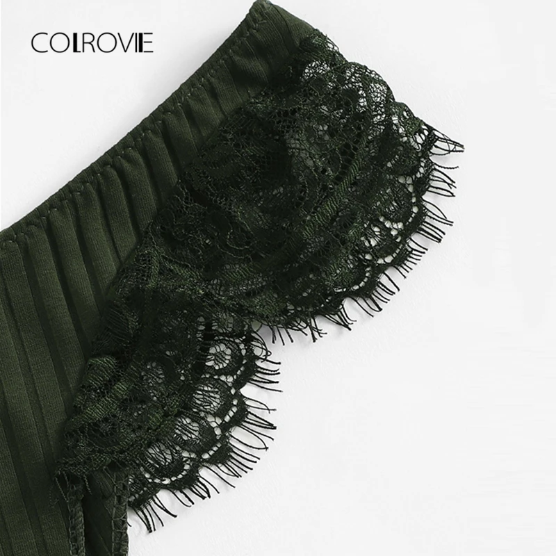 COLROVIE Army Green Eyelash Lace Sexy Lingerie Set 2018 Women Wireless Transparent Underwear Set Female Elegant Intimates