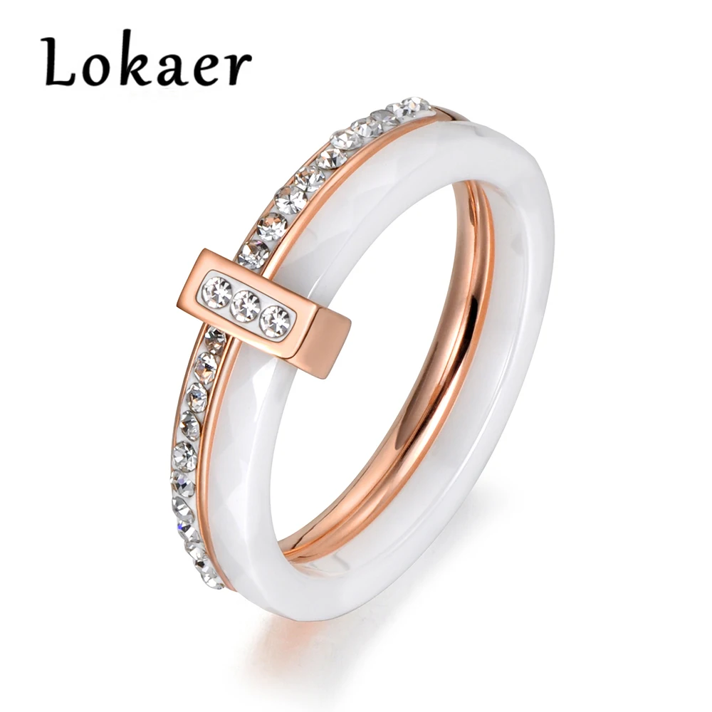 

Lokaer 2 layers Black/White Ceramic Crystal Wedding Rings Jewelry Rose/White Gold Color Stainless Steel Rhinestone Engagement