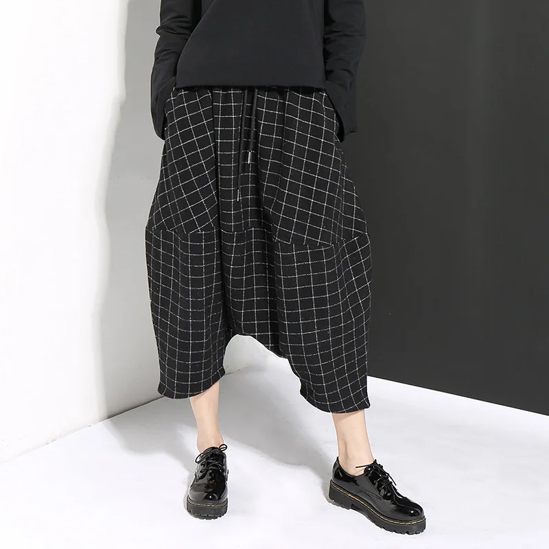 

Johnature 2019 Summer Plaid New Streetwear Elastic Waist Calf-length Loose Harem Pants Pockets Tie Women Loose Pants