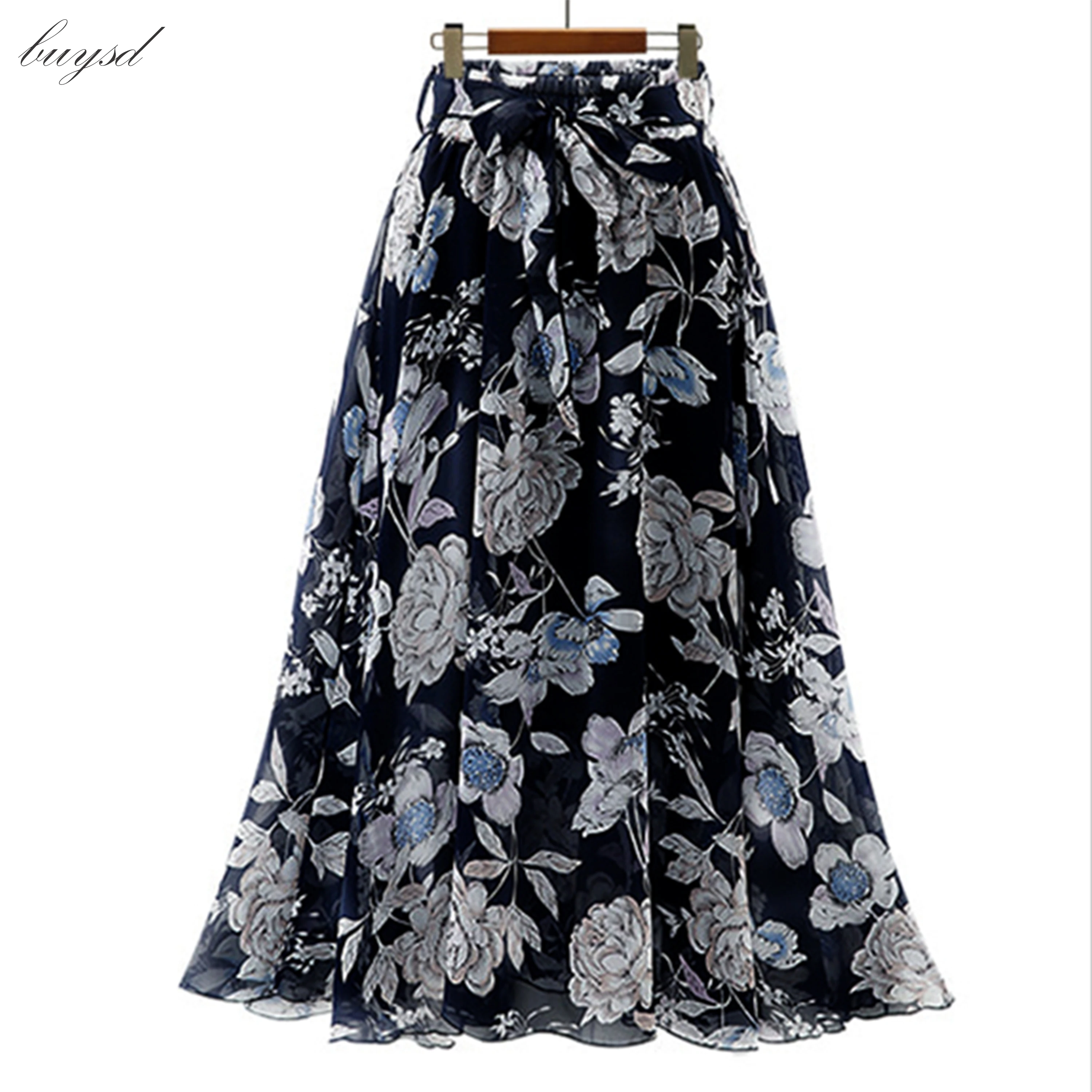 BUYSD дизайн женские цветочные шифоновые юбки boho повседневные трапециевидные до середины икры оборки печать и б