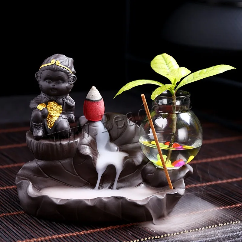 Backflow Incense Burner Cute Monkey King Censer Smoke Waterfall With Vase Ceramic Incense Holder Decor Home Aromatherapy Censer