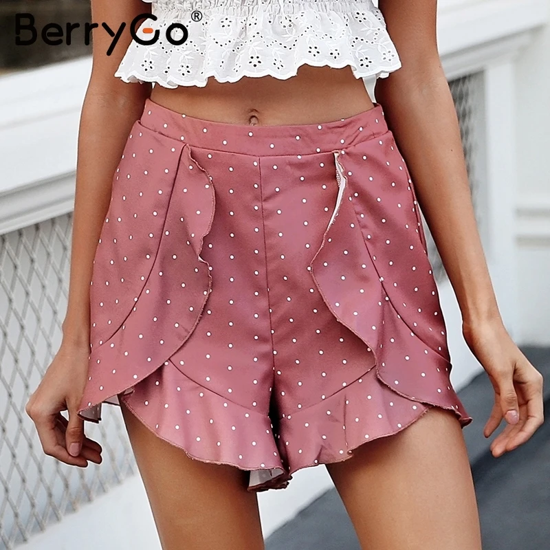

BerryGo 2018 Casual ruffle print boho shorts Summer beach high waist chiffon shorts Women streetwear polka dot pink shorts femme