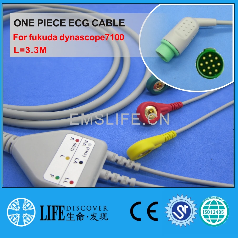 one piece ECG cable with 3 snap lead wires For fukuda dynascope7100 patient monitor |
