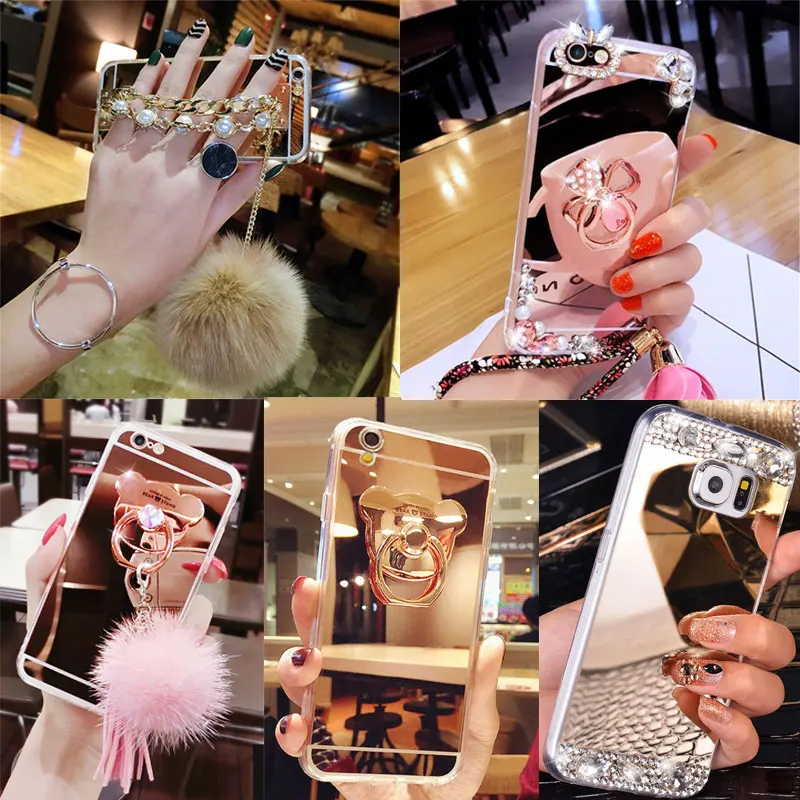 For Samsung Galaxy J4 J6 J8 2018 J7 Plus A3 2016 2017 Note 5 8 9 G530F Silicone Mirror Soft Rhinestone case Diamond Ring Cover |