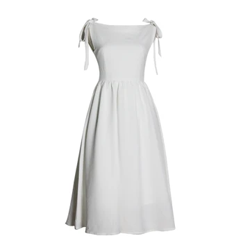 

Hepburn Style Dress Retro 50s60s White Sleeveless Long Slash Neck Bow Simple Casual Party Dress