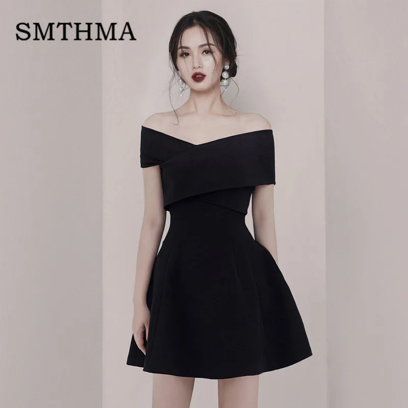 

SMTHMA 2019 New Women Sexy Dress Fashion off Shoulder Summer Dress Vestidos Women Clothing Vintage High Waist Black Dresses