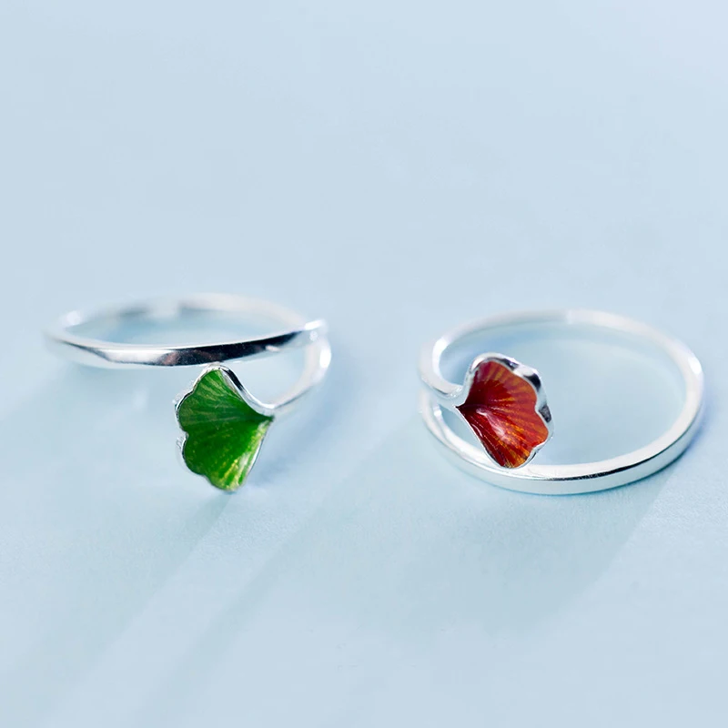 Ретро стиль зеленый красный геометрический гинкго билоба s925 стерлингового серебра Открытое кольцо для женщин модные женские аксессуары