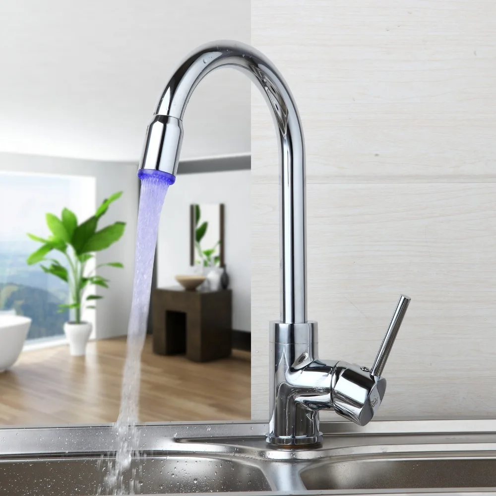 Luxury LED Light 360 Swivel Ceramic Valve Stream Spout Deck Mounted Faucet Chrome Brass Tap Kitchen