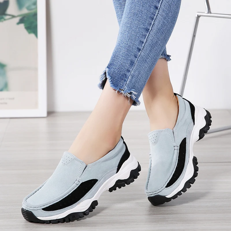 

2019 Spring Women Flat Shoes Platform Sneakers Leather Suede Casual Shoes Women Moccasins Slip On Flats Loafers Female Creepers
