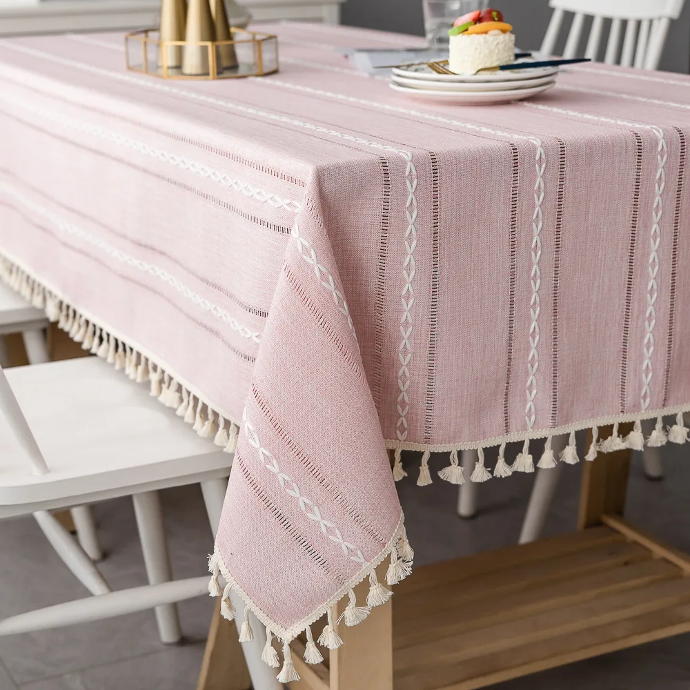  Nordic Christmas Tablecloth Pink Hollow Embroidered Jacquard Striped Rectangle Table cloth Cotton L