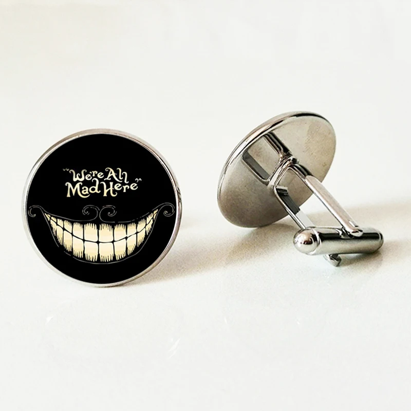 

Fashion Alice Adventure Wonderland Glass Cufflinks Cheshire Cat Glass Coil Cufflinks We are all crazy men's shirts gift
