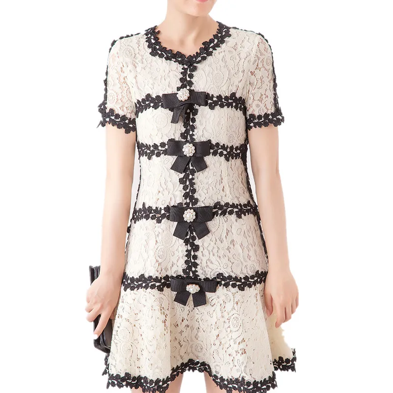 

2019 New Fashion Runway Lace Patchwork Summer Dress Women Sweet Pearls Beading Bow Hollow Out Dress vestidos
