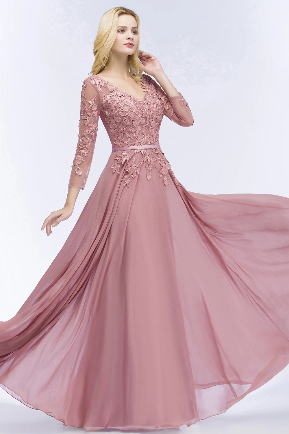 Сексуальное шифоновое вечернее платье с v-образным вырезом и пыльной розой, с кружевом, 3/4, вечернее платье с рукавами, vestido de festa