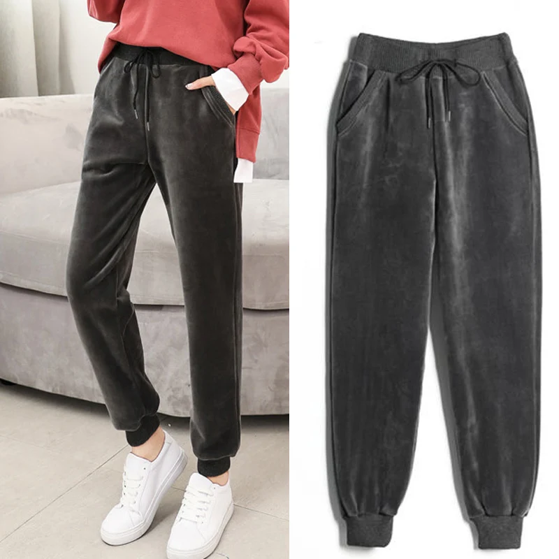 

Winter Fall Women Lady Grey Black Elastic High Waisted Fleece Thick Velvet Harem Pants , Woman 3xl Casual Thick Velour Trousers