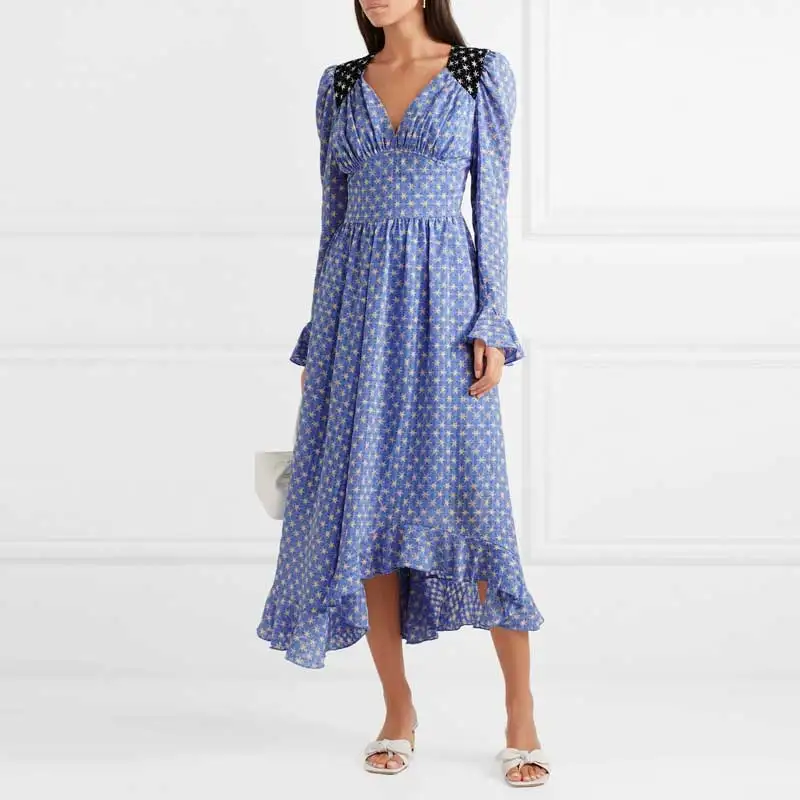 BOHO Вдохновленный синий звезды печатное платье для женщин ruffled макси 2019 весна лето