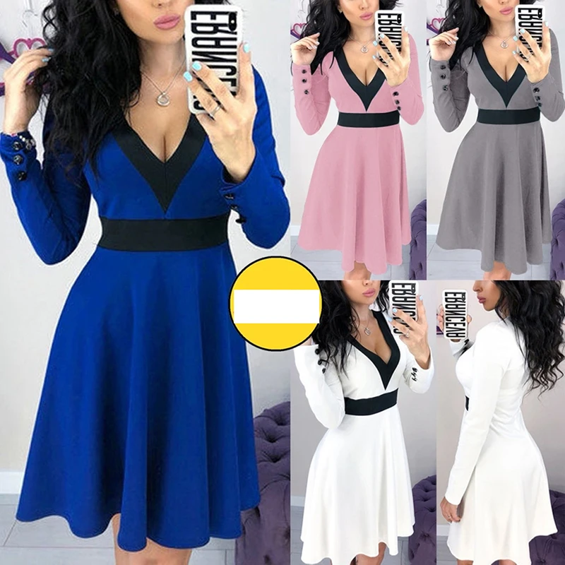 Fashion Sexy Long Sleeve Women Dress Slim V-neck Features To Receive The Waist Ladies Elegant Female | Женская одежда