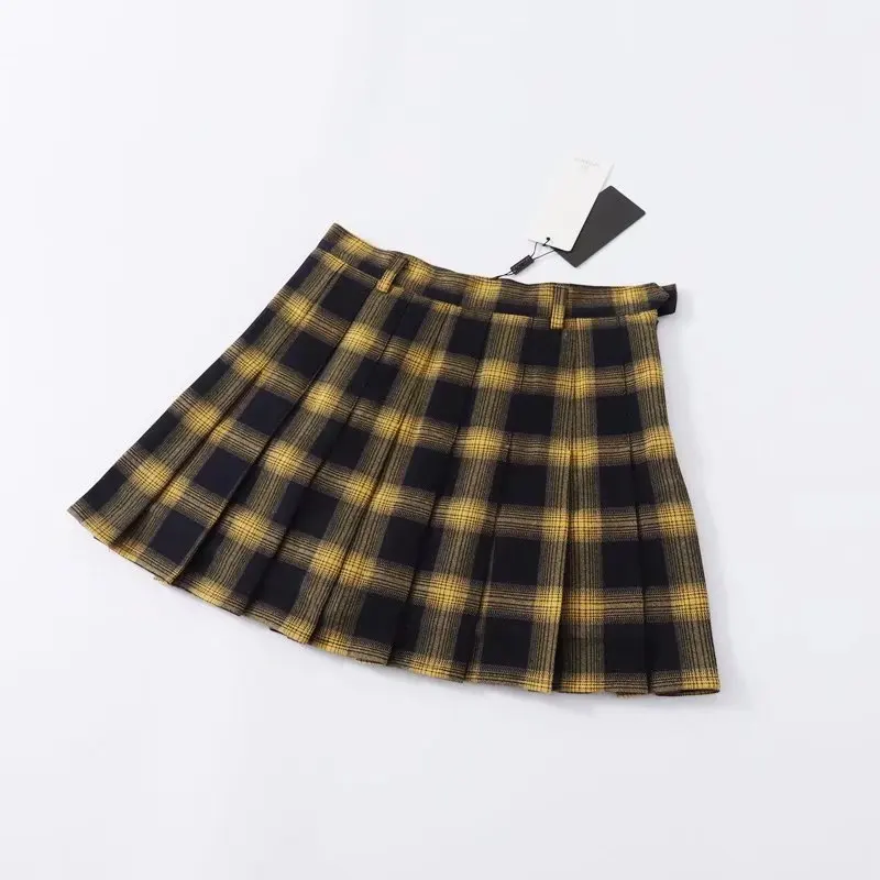 Осень-зима Harajuku Для женщин модные юбки милые желтый черный красная решетка плиссированная юбка в стиле панк Высокая талия короткая женская