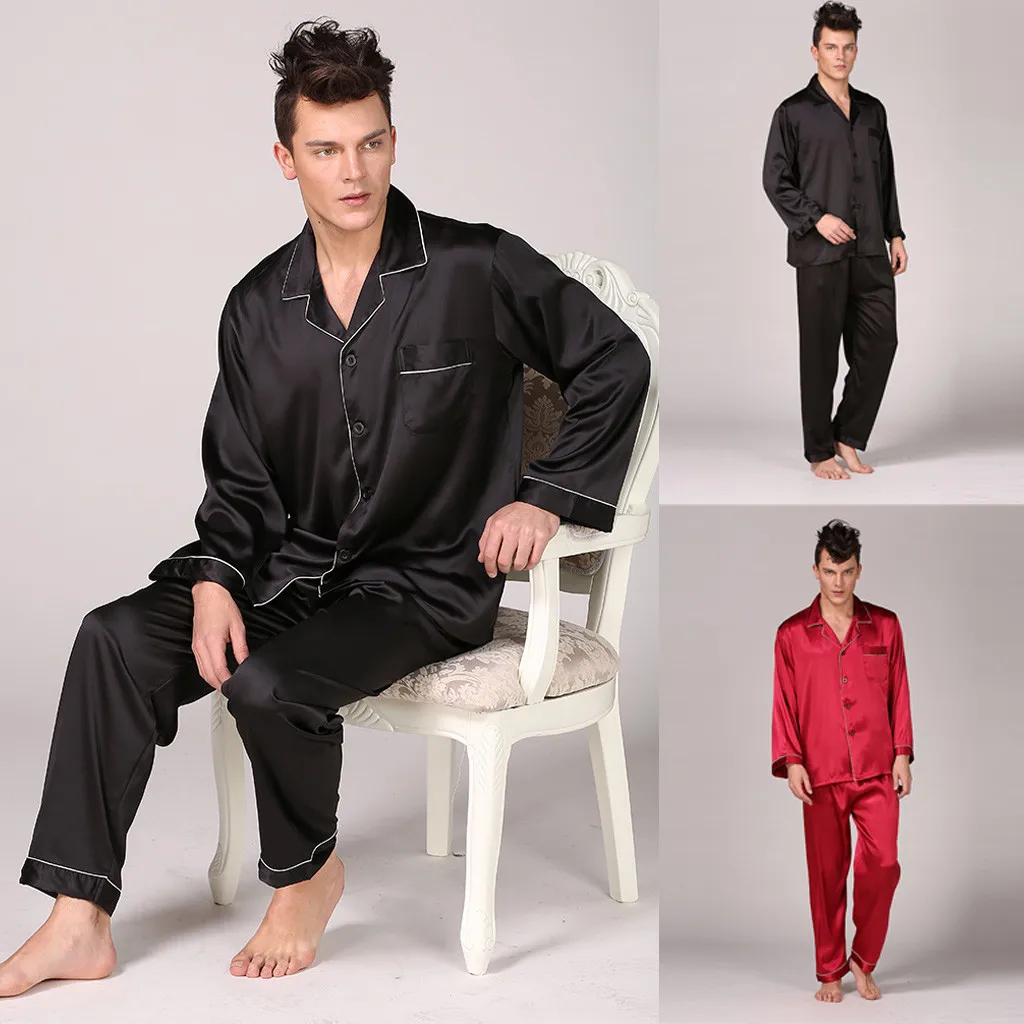 Для Мужчин's пятностойкий шёлк пижамный комплект современный Пижама для сна Для мужчин пикантные мягкие уютные атласная ночная рубашка лаунж-пижама Устанавливает ночную рубашку 7,23