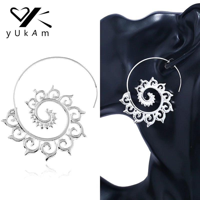 

YUKAM Big Exaggerated Silver Spiral Creole Earrings Circle Whirlpool Gear Earrings Hoop Swirl Earrings for Women Ear Accessories
