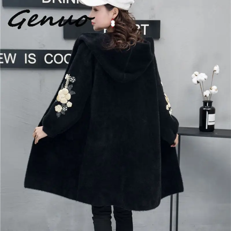 Genuo Новинка, Женская Длинная Верхняя одежда, пальто из искусственного меха, Осень-зима, с вышивкой, теплое, однобортное - Цвет: Черный