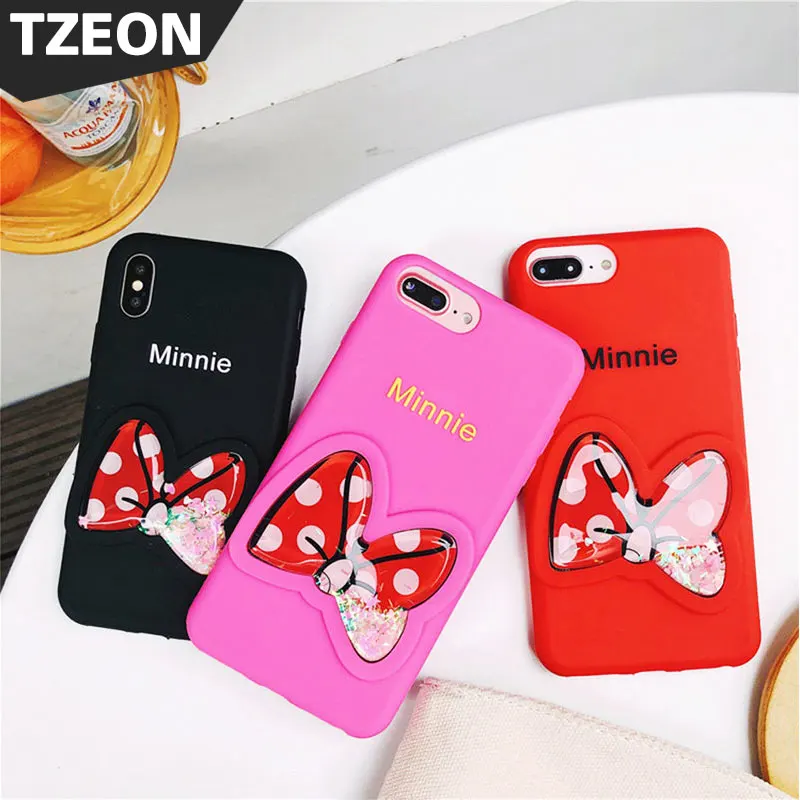 Cute Minnie Bowknot Liquid Glitter Quicksand Case For IPhone X 8 Plus 7 6S 6 3D Cartoon Soft Matter Silicone Gel Rubber Coque