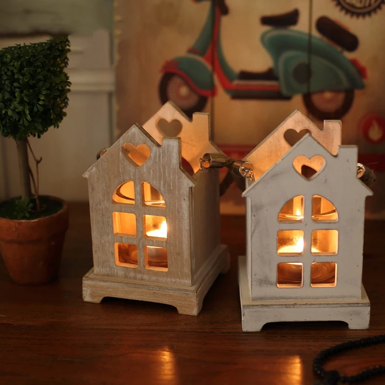 

American retro wooden house glass candlestick European romantic wedding candle holder lantern bar home decoration candle holder