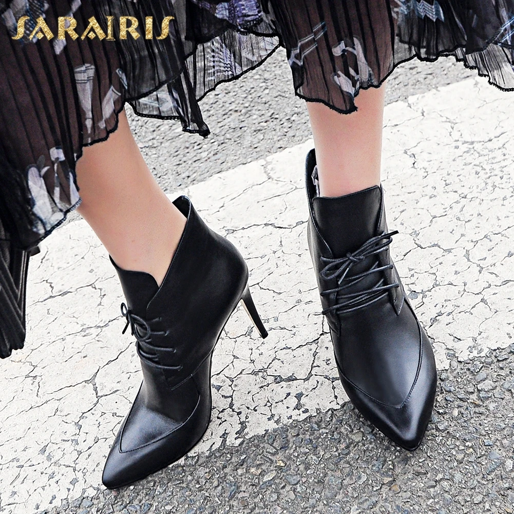 

SARAIRIS 2018 Brand Best Quality Genuine Leather Women's Shoes Woman Boots Sexy Thin High Heels Ankle Boots Woman Party Shoes