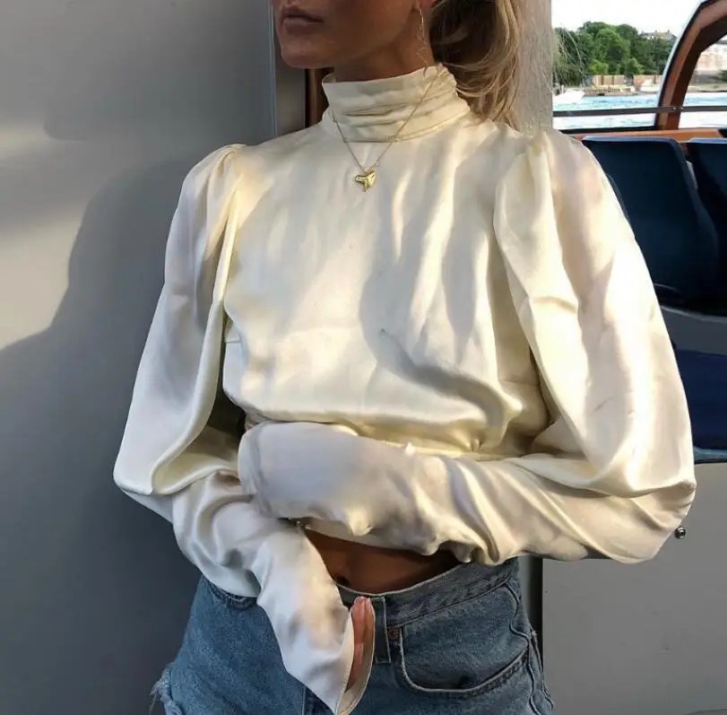 Elegant Turleneck Satin Slik Blouse Women Shirt Backless Long Sleeve Bow Tie Womens Tops and Blouses blusa feminina | Женская одежда