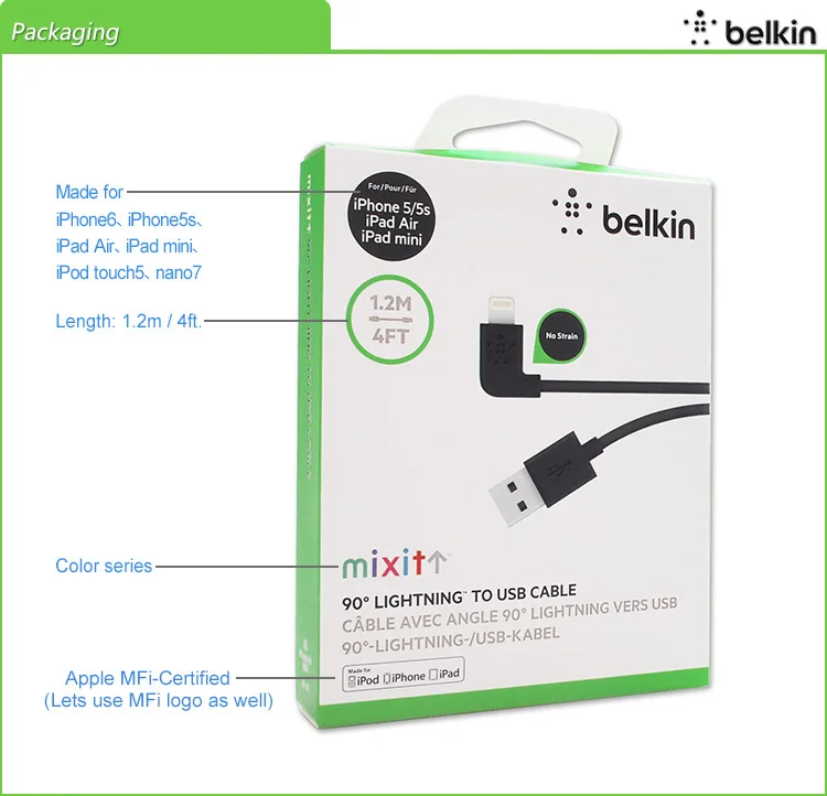 Belkin оригинальный MFi Сертифицированный 8 pin 90 градусов для Lightning на USB кабель