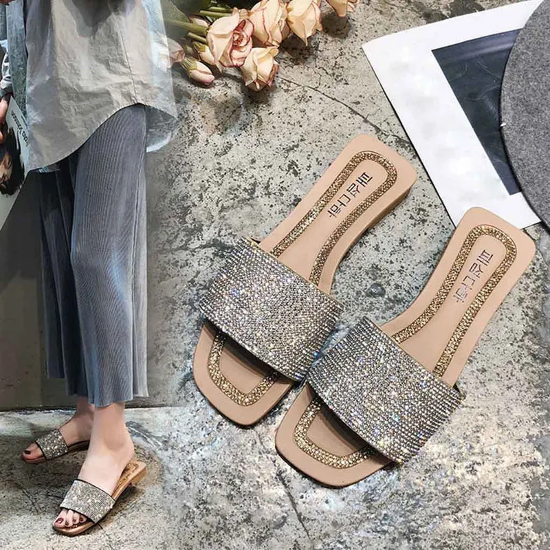 

2019 women's slippers summer beach casual shoes fashion square toe crystal outdoor ladies sandals home