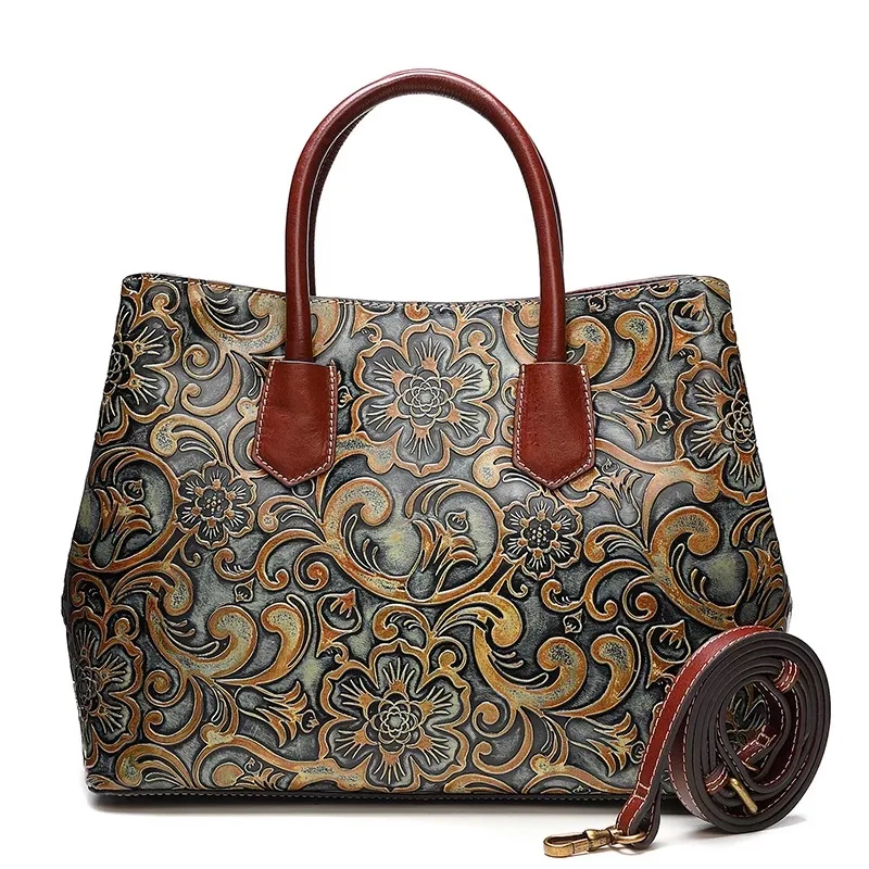 

Vintage Handmade Women's Top-handle Handbag Embossed Flower Retro Designer Genuine Cow Leather Female Ladies Large Shoulder Bag