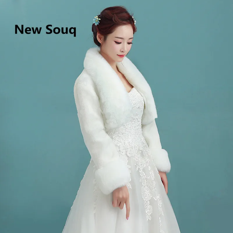 

New Winter Faux Fur Long Sleeves Bridal Wraps Wedding Jackets Warm Thick Wedding Accessories Bridal Short Coat for Prom Party