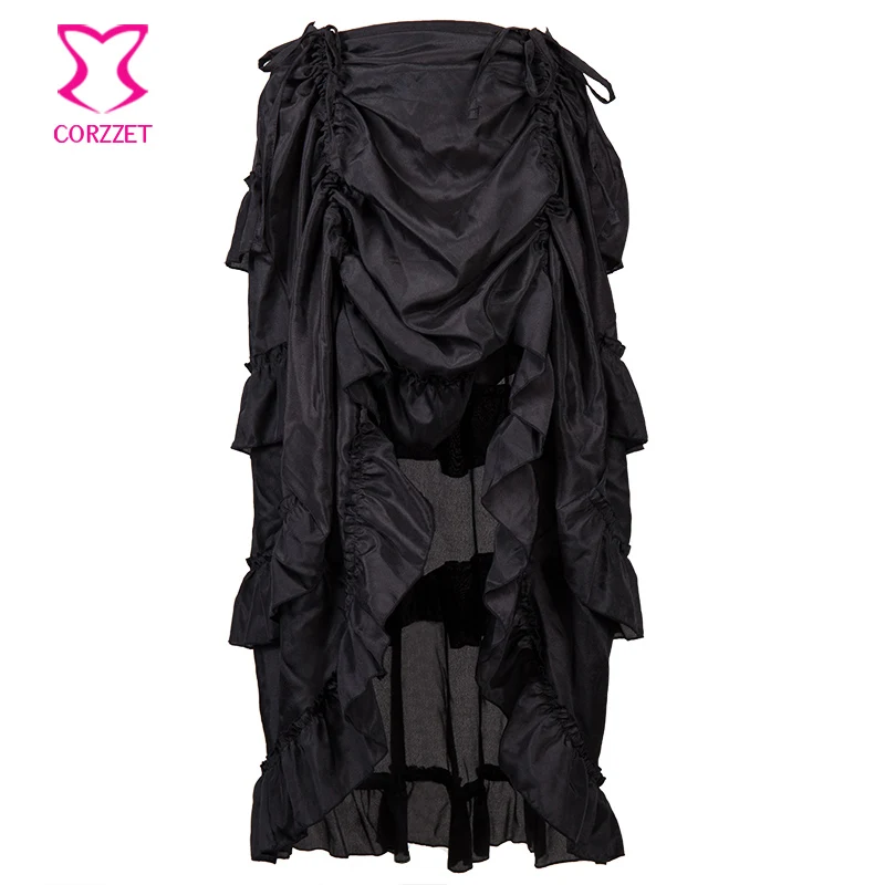 Fashion Black Cascaded Ruffle Chiffon Victorian Women Skirt with Front Short Back Long Sexy Gothic Skirts For Steampunk Courtue