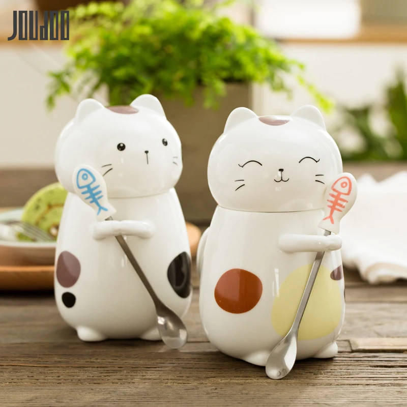 buy JOUDOO Lovely Cat Ceramic Mug with Lid and Spoon Cute Coffee Water Cup Lady Girl Office Home Student Tea Drinkware Cup 27