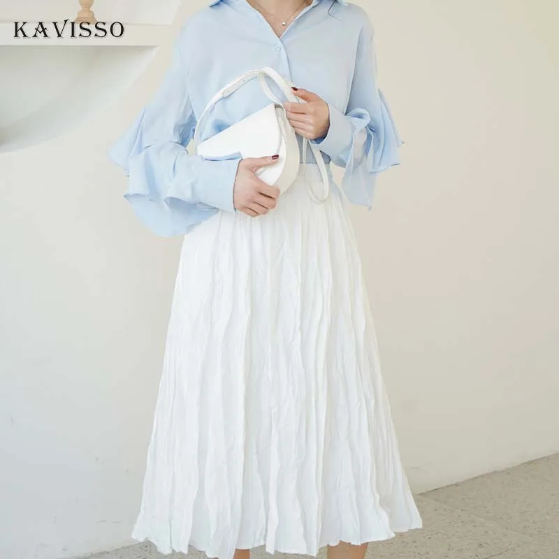 KAVISSO Высококачественная юбка миди женская летняя юбка черная белая юбка женская плиссированная юбка с высокой талией новая jupe femme