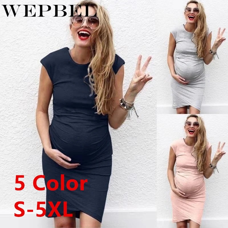

WEPBEL S-5XL Summer Maternity Short Dress Pregnant Women Maternity Knee Length Dress Summer Solid Color Pregnancy Clothing
