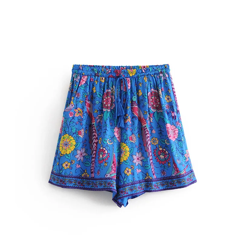 

GYPSY Boho Chic Summer Vintage Floral Bird Print Short Women Fashion Elastic Waist Lace Up Tassel Shorts Pantalones Cortos