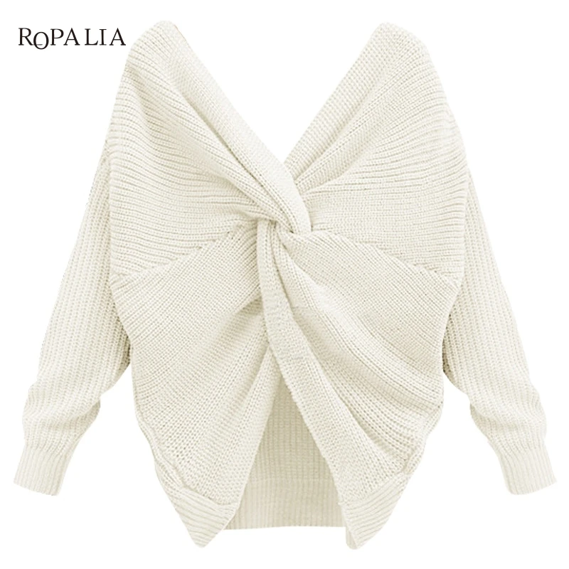New Long Sleeve Knitted Sweaters V Neck Twisted Back Sweater Women Jumpers Pullovers 4 Colors Sweaters