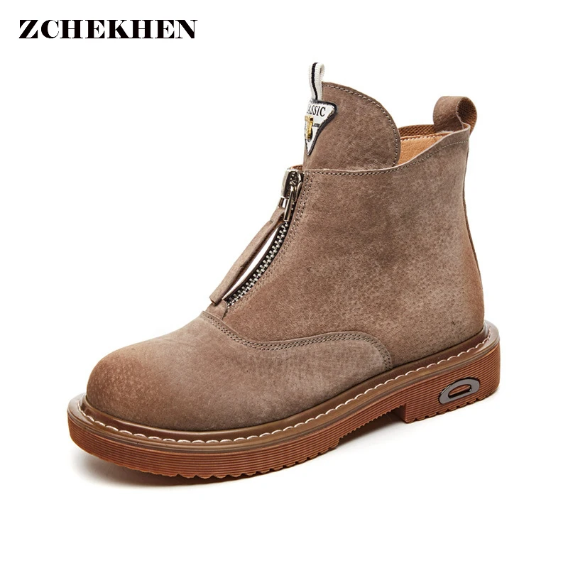 

Retro Fashion Zipper low heel chelsea boots Woman Heel Platform Genuine Leather Boots rivet Boots Girls botines mujer