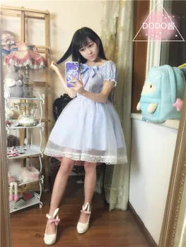 

2016 Summer Japanese Descent Lolita Palace Sweet Small Fresh Strapless Slash Neck Striped A-Line Knee-Length Blue Girls Dress
