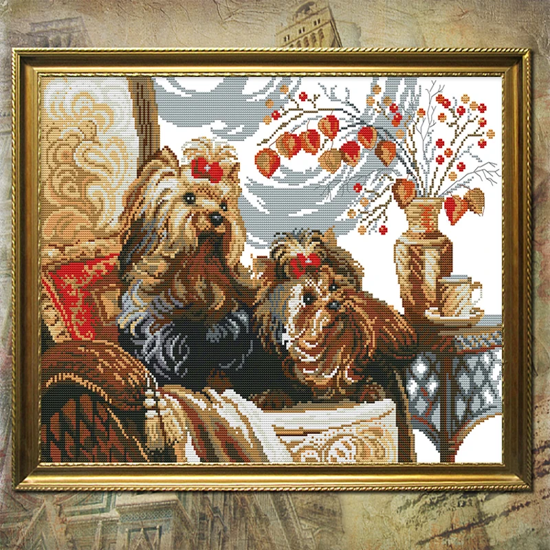 

Joy Sunday Two dogs Cross Stitch Kits pattern Printed canvas Fabric Embroidery Needlework set Easy 14CT Cross-stitch Handmade