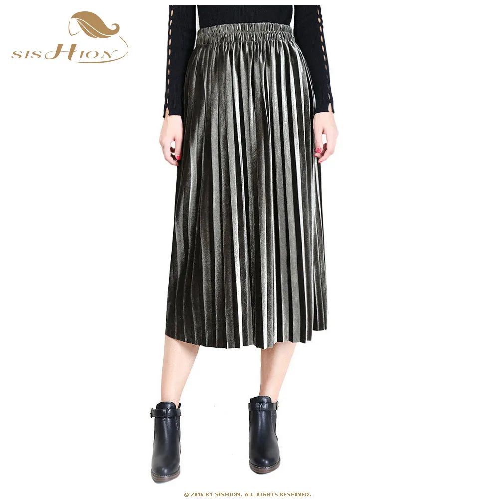 SISHION Metallic Skirt 2018 осень-зима Для женщин дамы эластичный Повседневное цвет: черный, синий зеленый розовый миди длинные плиссированные юбки VD0910