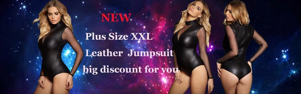 Women Faux Leather Mesh Long Sleeves Zippered Jumpsuit Bodysuit Catsuit Clubwear Plus Size 3XL Body Suit Club Pole Dance Costume bodysuit top