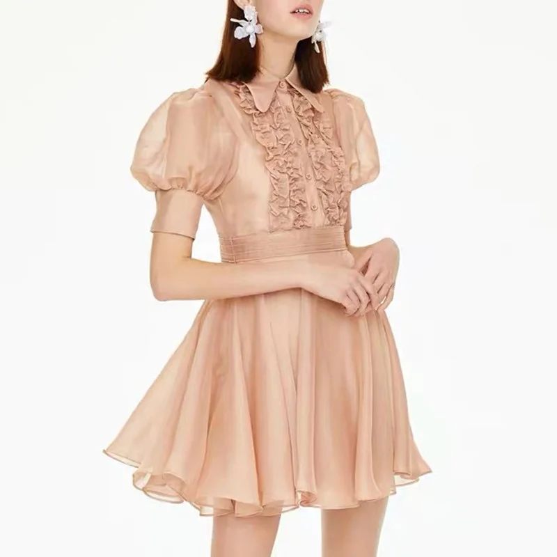 

Elegant Shirt Dress Women 2019 Cute Turn Donw Collar Puff Sleeve Faux Silk Tunic Dress Ruffles Sheer Chiffon A-line Runway Dress
